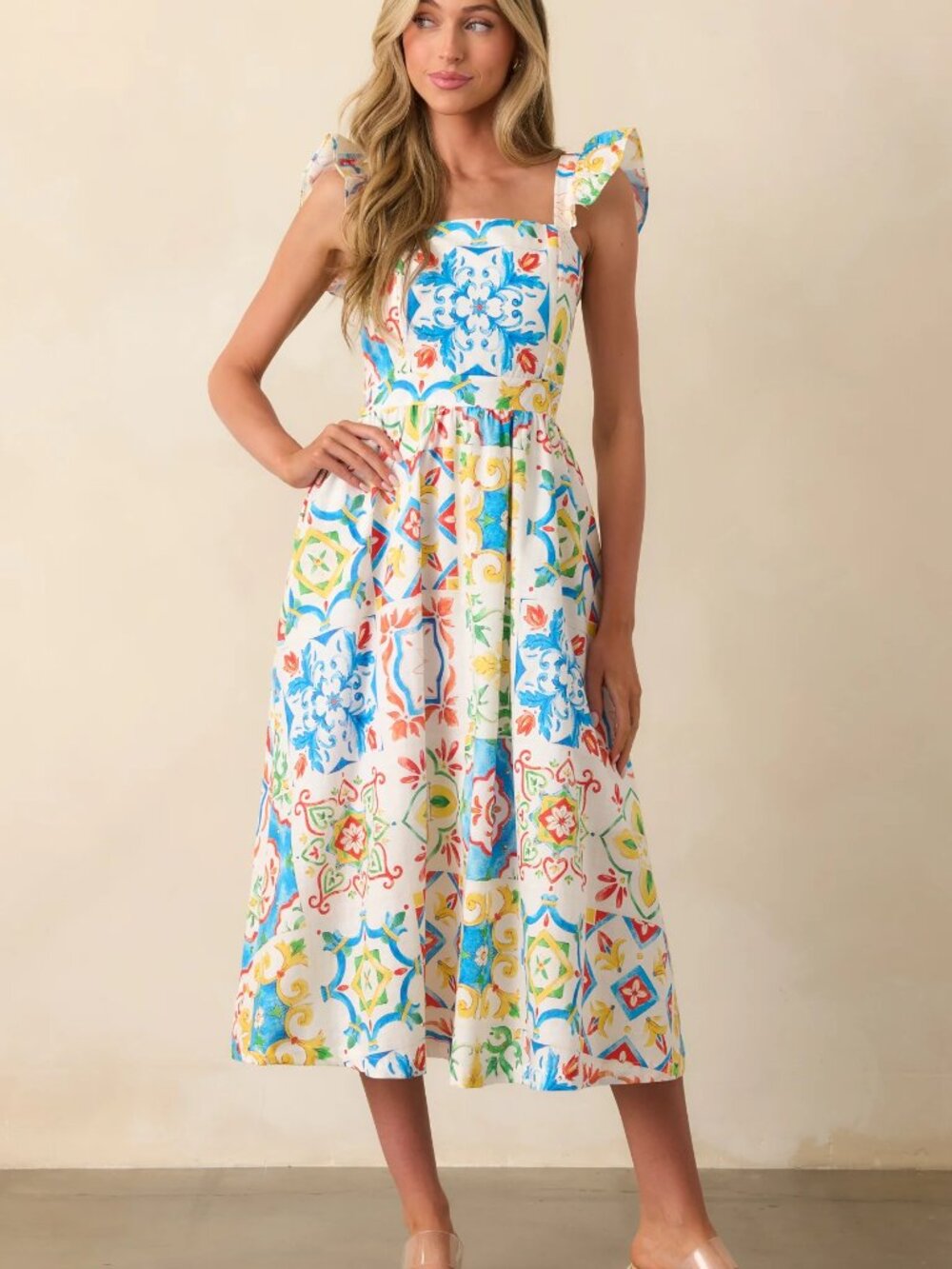 Prosperina Nicola Blue Multi Sicilian Tile Print Linen Ruffle Midi Dress Size XS